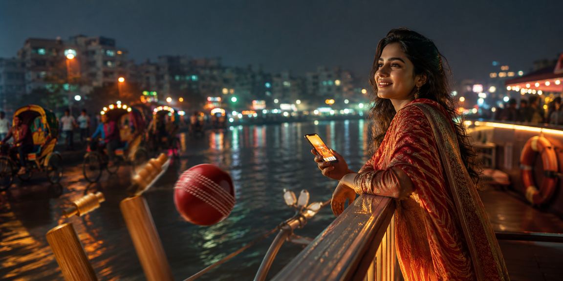 ঢাকায় রিকশার পাশে একজন ব্যক্তি মোবাইলে ক্রিকেট বেটিং উপভোগ করছেন