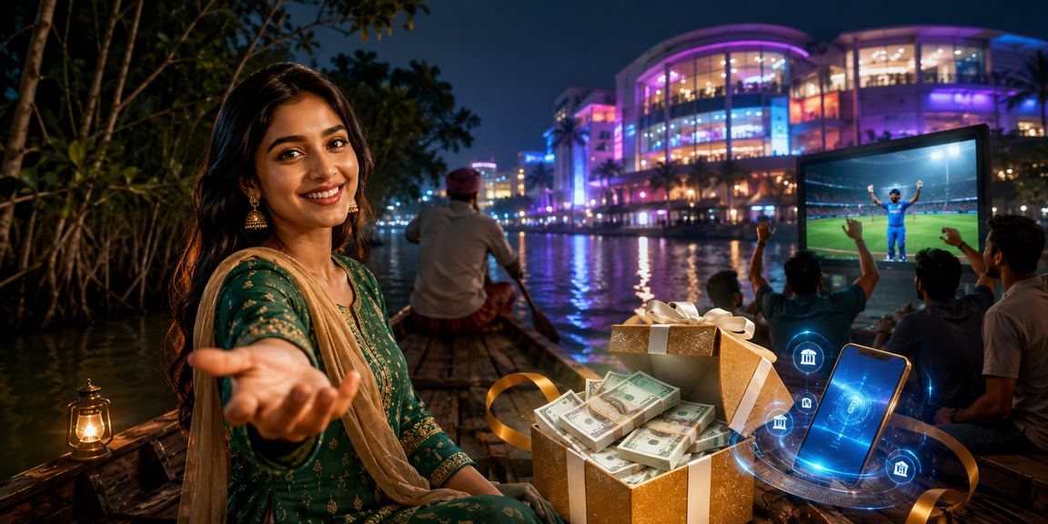 সুন্দরবনের কাছে নিয়ন আলোয় একজন ব্যক্তি ক্যাসিনো বেটিং করছেন