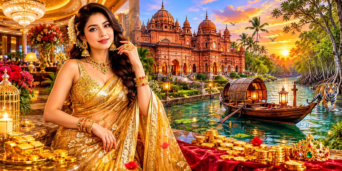 সুন্দরবন পটভূমিতে শাড়ি পরিহিত একজন নারী ভিআইপি বোনাস ভাউচার দেখছেন